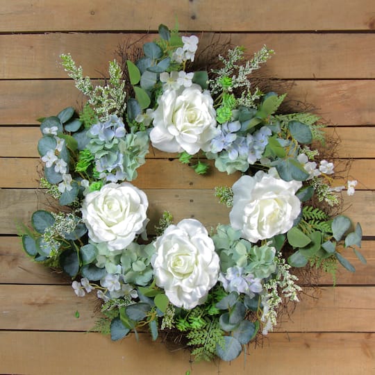 24" White & Blue Peony, Geranium & Eucalyptus Artificial Twig Spring Wreath